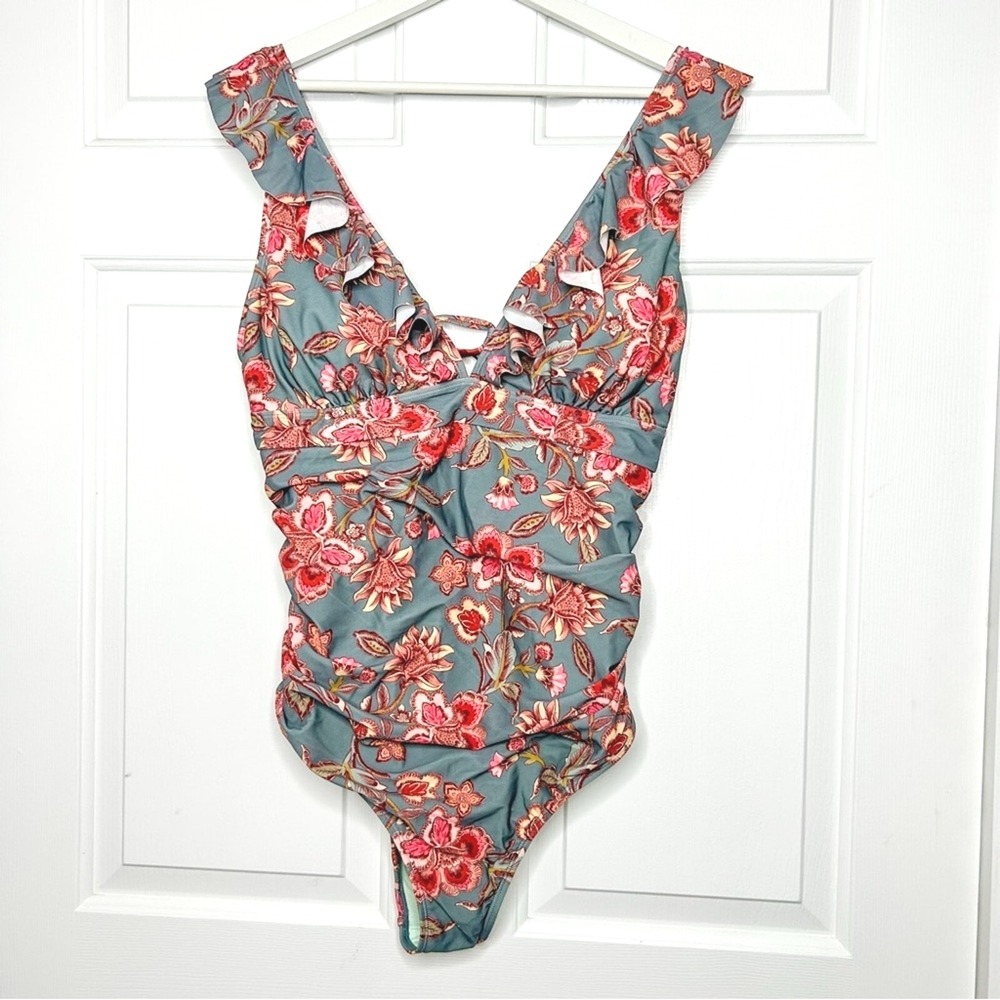 Cupshe Blue Floral One-Piece Swimsuit with Red/Pink Flowers